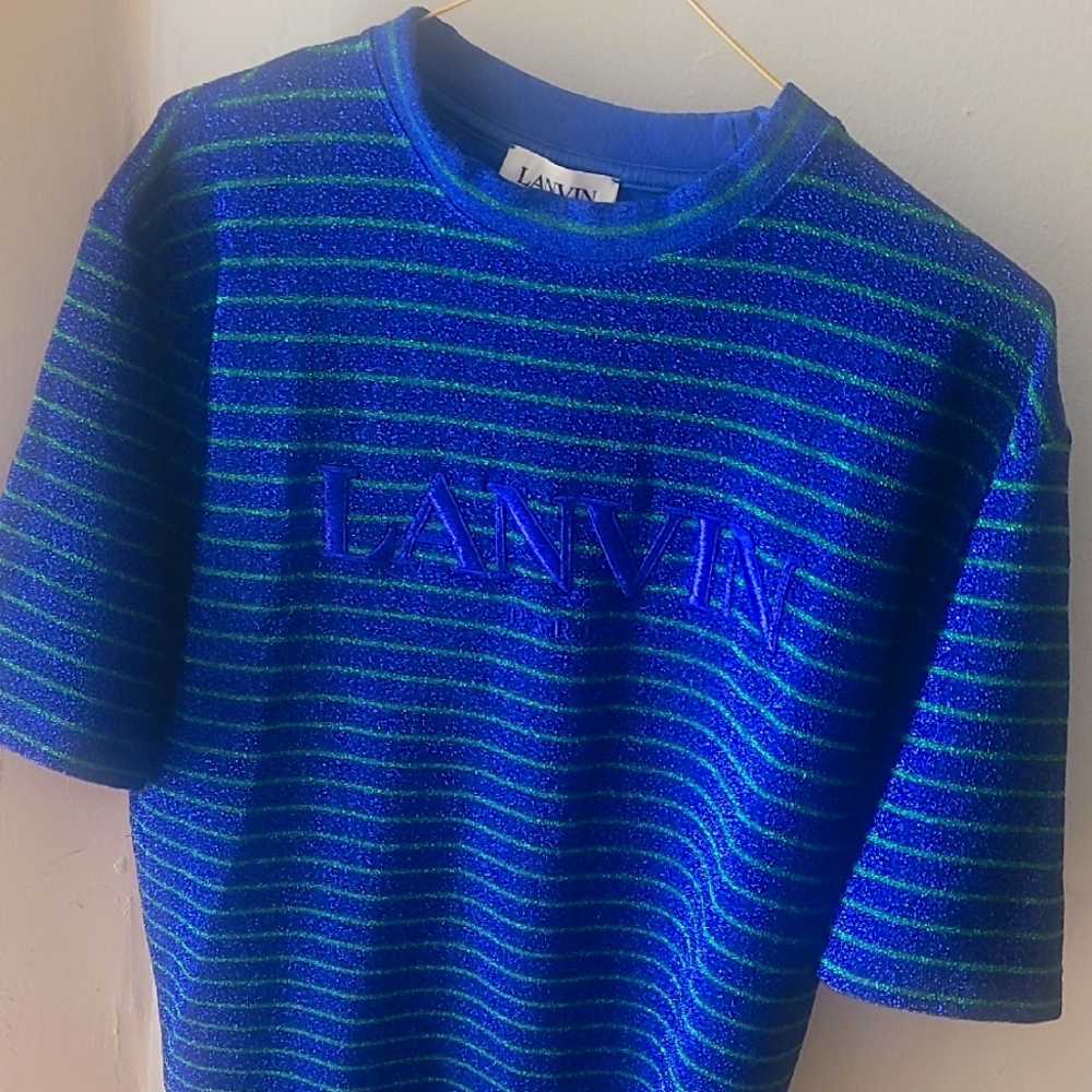 Lanvin Blue and Green Short Sleeve Tee with Tonal Stripes